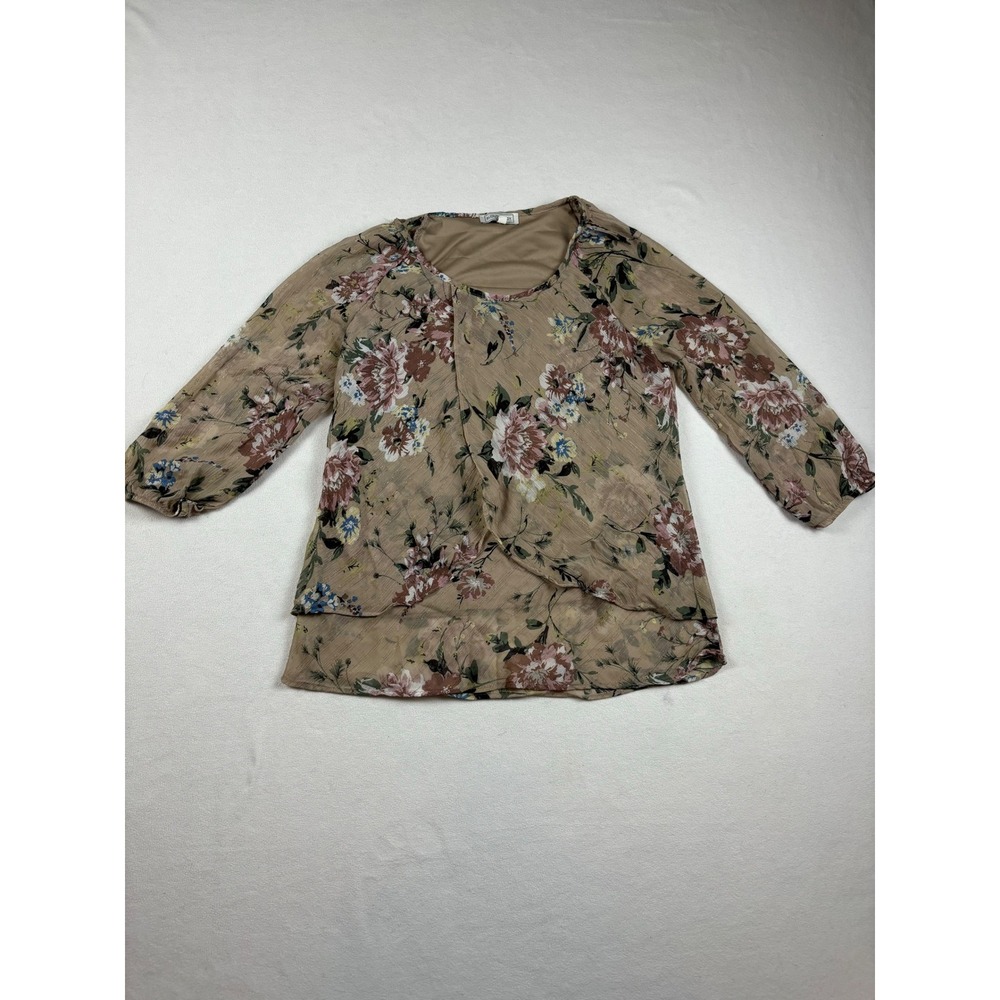 Blousology Women Tan Floral Metallic Stripe Layered Tulip Hem Blouse Size Medium
